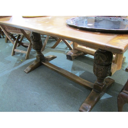 514 - OAK REFECTORY TABLE, mid colour oak refectory table, on cup and cover support, 153cm length