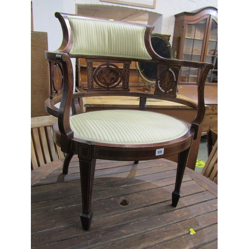 515 - EDWARDIAN TUB CHAIR, mahogany and inlaid framed tub chair with green and beige upholstery, on square... 