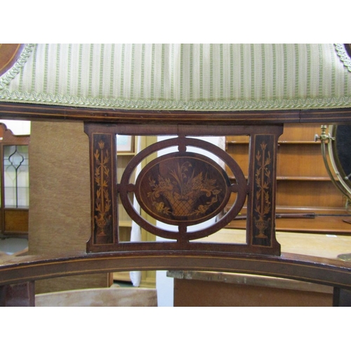 515 - EDWARDIAN TUB CHAIR, mahogany and inlaid framed tub chair with green and beige upholstery, on square... 