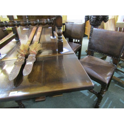 518 - OAK REFECTORY DINING TABLE & CHAIR SET, oak refectory draw leaf dining table, with foliate carved fr... 