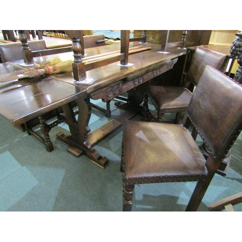 518 - OAK REFECTORY DINING TABLE & CHAIR SET, oak refectory draw leaf dining table, with foliate carved fr... 