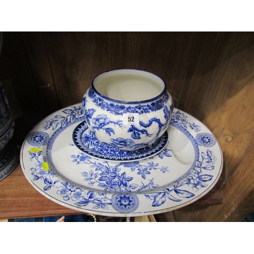 52 - BLUE & WHITE WARES, large Rhenish jug, Staffordshire meat plate and soup tureens, Adams twin handled... 