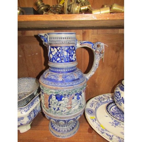 52 - BLUE & WHITE WARES, large Rhenish jug, Staffordshire meat plate and soup tureens, Adams twin handled... 