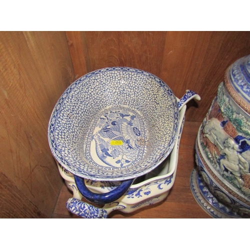 52 - BLUE & WHITE WARES, large Rhenish jug, Staffordshire meat plate and soup tureens, Adams twin handled... 