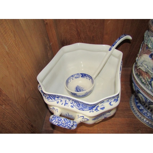 52 - BLUE & WHITE WARES, large Rhenish jug, Staffordshire meat plate and soup tureens, Adams twin handled... 