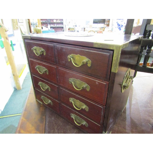 521 - ORIENTAL DESK CHEST/JEWELLERY BOX, mahogany framed and brass bound 4 drawer jewellery box, 36cm widt... 