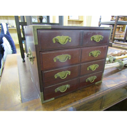 521 - ORIENTAL DESK CHEST/JEWELLERY BOX, mahogany framed and brass bound 4 drawer jewellery box, 36cm widt... 