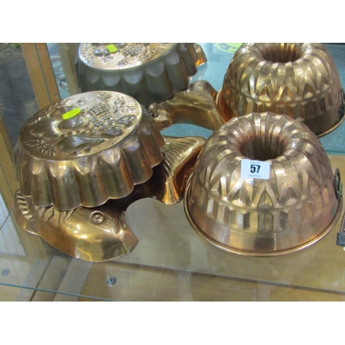 57 - JELLY MOULDS, 3 coppered jelly moulds, an Art Nouveau copper pipe rack and 3 pipes and pair of binoc... 