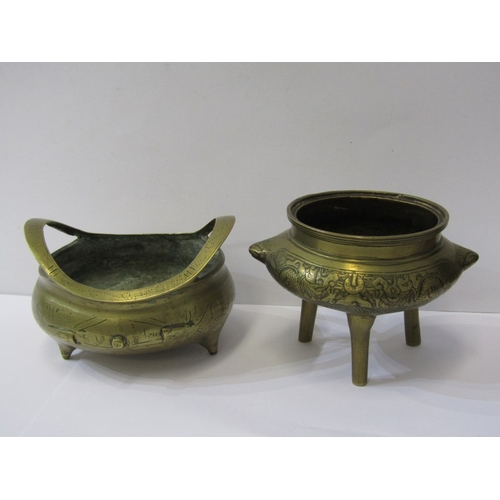 58 - ORIENTAL METALWARE, Chinese brass temple censer on tripod base, 9cm height; also Chinese brass twin ... 