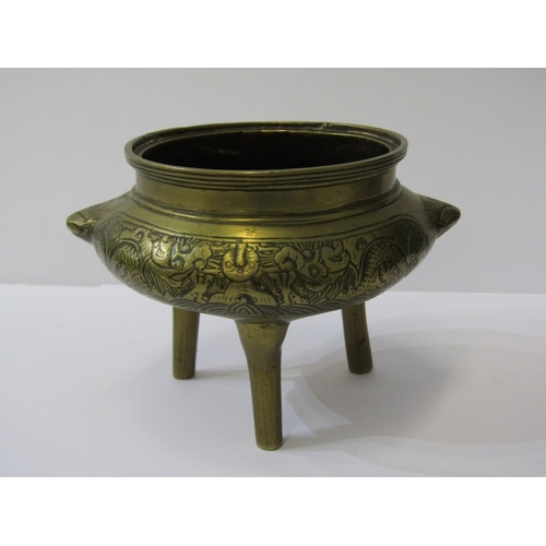 58 - ORIENTAL METALWARE, Chinese brass temple censer on tripod base, 9cm height; also Chinese brass twin ... 