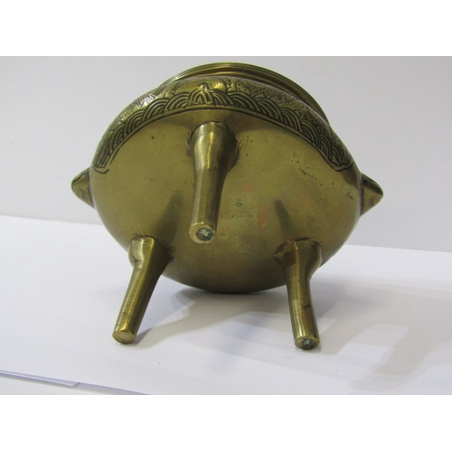 58 - ORIENTAL METALWARE, Chinese brass temple censer on tripod base, 9cm height; also Chinese brass twin ... 