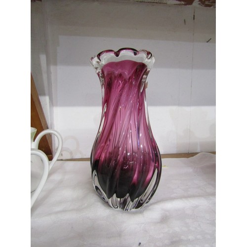 9 - ART GLASS VASES, 3 red/purple glass items, including 2 vases and a dish