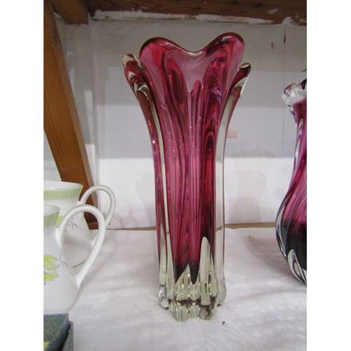 9 - ART GLASS VASES, 3 red/purple glass items, including 2 vases and a dish