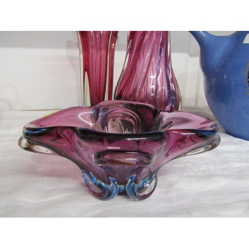 9 - ART GLASS VASES, 3 red/purple glass items, including 2 vases and a dish