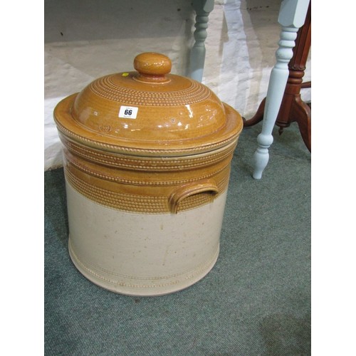 66 - LARGE STONEWARE SALTING JAR, by Price of Bristol, twin handled two tone stoneware lidded jar, 38cm d... 