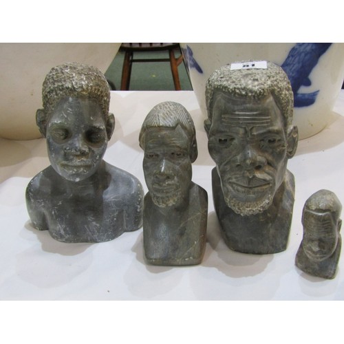 81 - ETHNIC ART, Casper carved stone portrait bust and 3 other similar, together with pestle and mortar