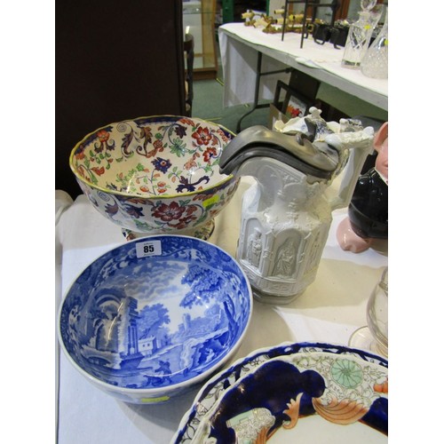 85 - VICTORIAN POTTERY, Charles Meigh apostle jug, punch bowl, assorted plates, also 2 Wade piggy banks, ... 