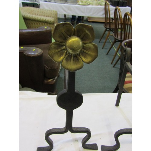 92 - ANDIRONS, pair of Art Nouveau design brass and wrought iron andirons