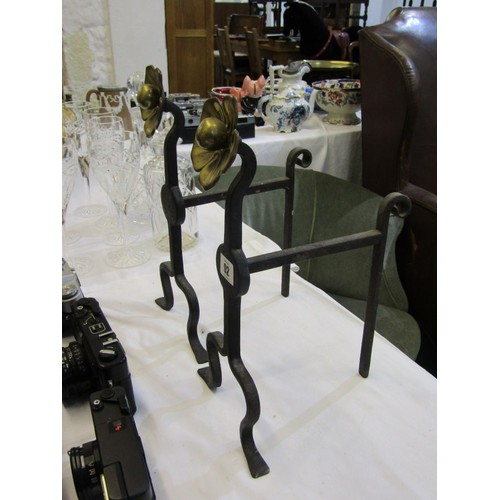 92 - ANDIRONS, pair of Art Nouveau design brass and wrought iron andirons