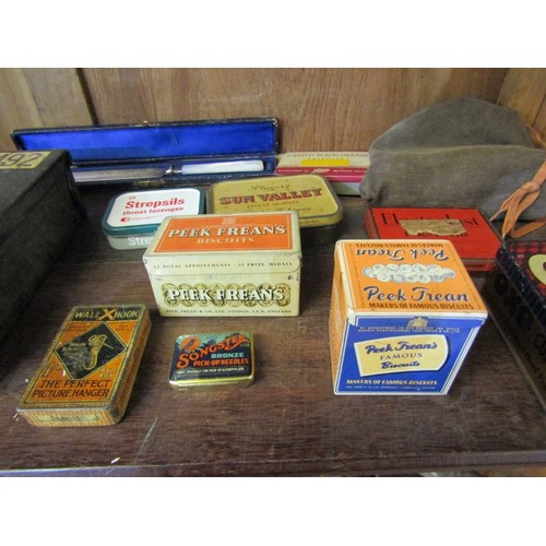 326 - MILITARY BOX, vintage tins, Victorian cake knife, etc