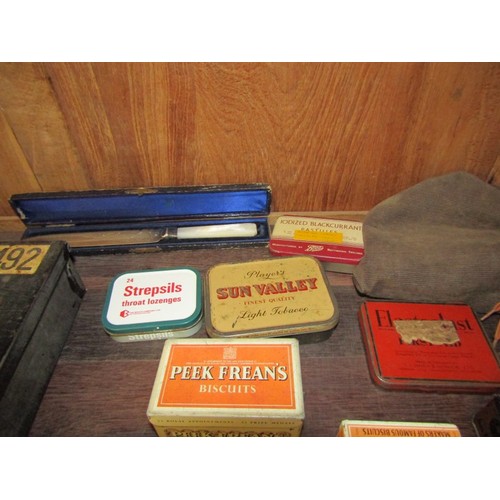 326 - MILITARY BOX, vintage tins, Victorian cake knife, etc