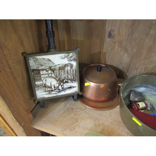 327 - COPPER KETTLE, Victorian tile inset iron stand and contents of shelf