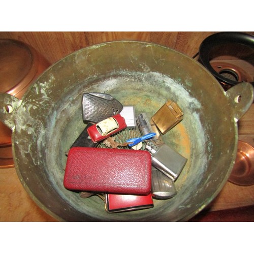 327 - COPPER KETTLE, Victorian tile inset iron stand and contents of shelf