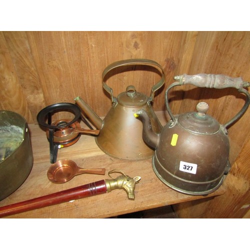 327 - COPPER KETTLE, Victorian tile inset iron stand and contents of shelf