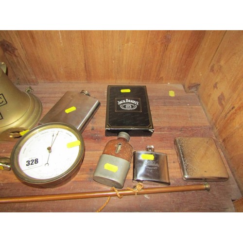 328 - VINTAGE HIP FLASK, Titanic replica brass bell, Victorian aneroid barometer, coal scuttle, etc