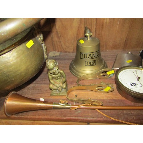 328 - VINTAGE HIP FLASK, Titanic replica brass bell, Victorian aneroid barometer, coal scuttle, etc