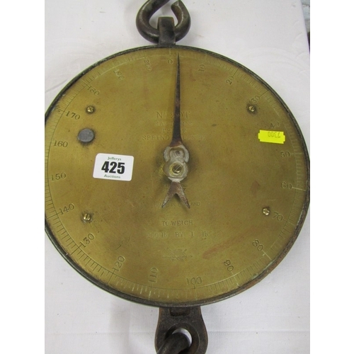 425 - SALTER SPRING BALANCE SCALES, brass faced scales, no 20T, to weigh 200lbs