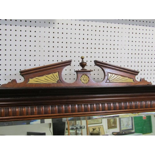 448 - EDWARDIAN OVERMANTEL, mahogany framed bevel edged overmantel mirror 130cms wide x 100cms high