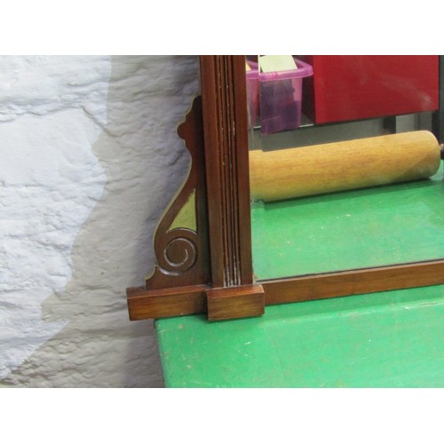 448 - EDWARDIAN OVERMANTEL, mahogany framed bevel edged overmantel mirror 130cms wide x 100cms high