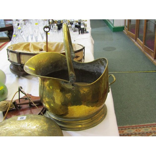 88 - MIDDLE EASTERN BRASS GONG & BEATER with wood plaque, also a brass coal helmet