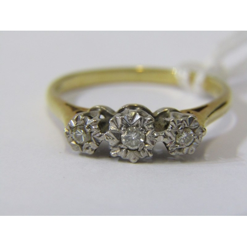 334 - 3 STONE DIAMOND RING, 18ct yellow gold & platinum set 3 stone diamond ring, size R