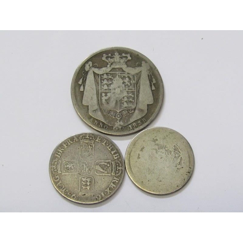 128 - CHARLES II SHILLING, Charles II shilling 1695, George III shilling 1817 & William IV half crown 1835... 