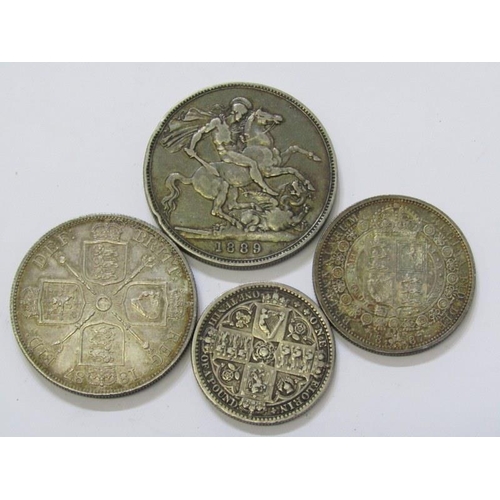 129 - VICTORIAN SILVER, Victorian gothic florin 1849, Victorian 1889 Crown, 1887 half crown and 1887 doubl... 