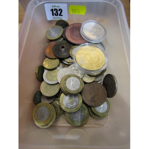 132 - TUB OF MIXED FOREIGN COINS, Edward VII Coronation medal, etc