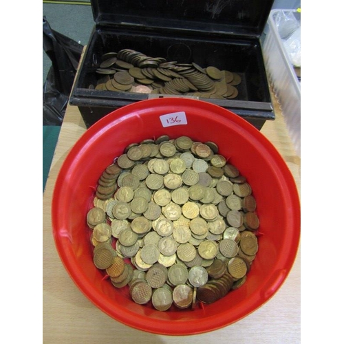 136 - PRE DECIMALISED COINS, tin containing Queen Elizabeth II pennies, together with tub containing quant... 