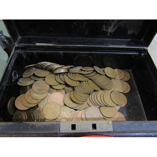 136 - PRE DECIMALISED COINS, tin containing Queen Elizabeth II pennies, together with tub containing quant... 