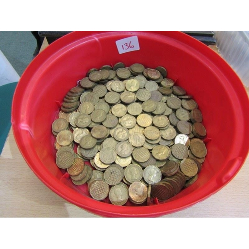 136 - PRE DECIMALISED COINS, tin containing Queen Elizabeth II pennies, together with tub containing quant... 