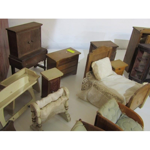 219 - DOLLS HOUSE FURNITURE, large selection of dolls house furniture including beds, wardrobes, sideboard... 