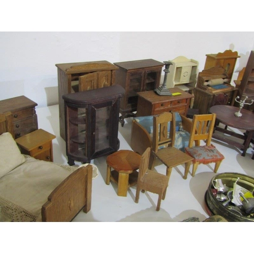 219 - DOLLS HOUSE FURNITURE, large selection of dolls house furniture including beds, wardrobes, sideboard... 