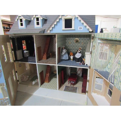 220 - DOLLS HOUSE, quality 2 storey dolls house with attic rooms and front veranda, 81cm width 86cm height... 