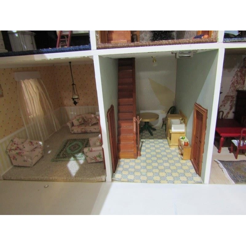 220 - DOLLS HOUSE, quality 2 storey dolls house with attic rooms and front veranda, 81cm width 86cm height... 