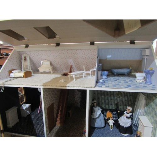 220 - DOLLS HOUSE, quality 2 storey dolls house with attic rooms and front veranda, 81cm width 86cm height... 