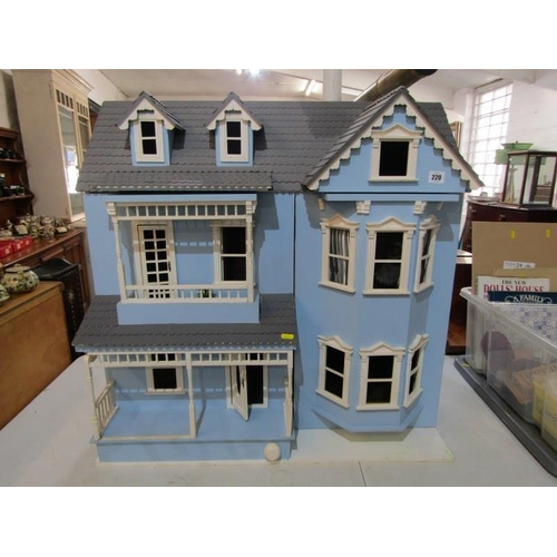 220 - DOLLS HOUSE, quality 2 storey dolls house with attic rooms and front veranda, 81cm width 86cm height... 