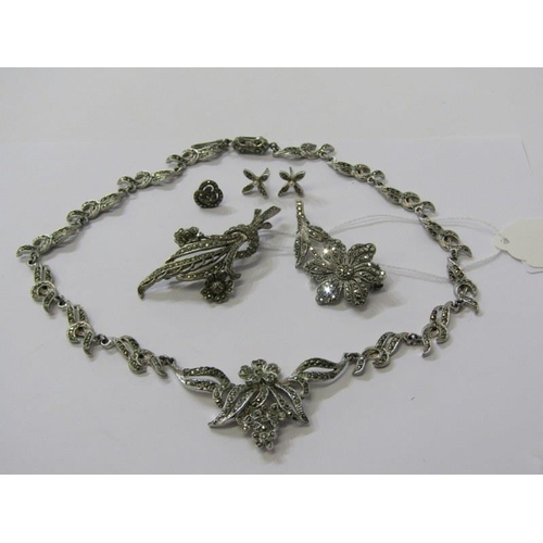 278 - MARCASITE JEWELLERY, marcasite necklace, 2 brooches, together with odd earrings