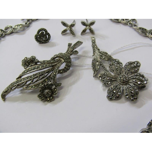 278 - MARCASITE JEWELLERY, marcasite necklace, 2 brooches, together with odd earrings