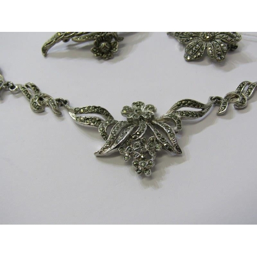 278 - MARCASITE JEWELLERY, marcasite necklace, 2 brooches, together with odd earrings